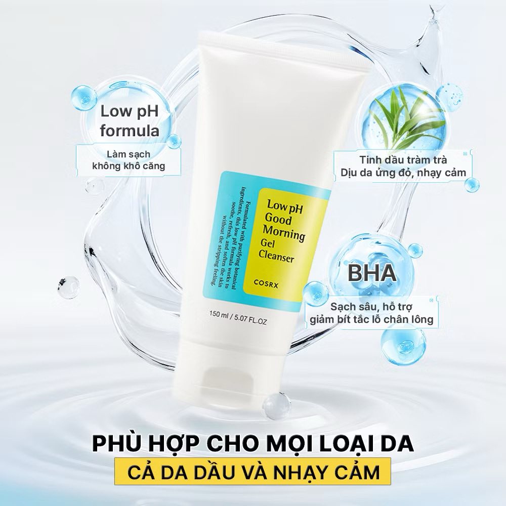 Sữa Rửa Mặt Gel COSRX Low pH Good Morning 150ml - Làm Sạch Dịu Nhẹ, Kháng Khuẩn Tràm Trà, Phù Hợp Da Nhạy Cảm, Dầu, Mụn