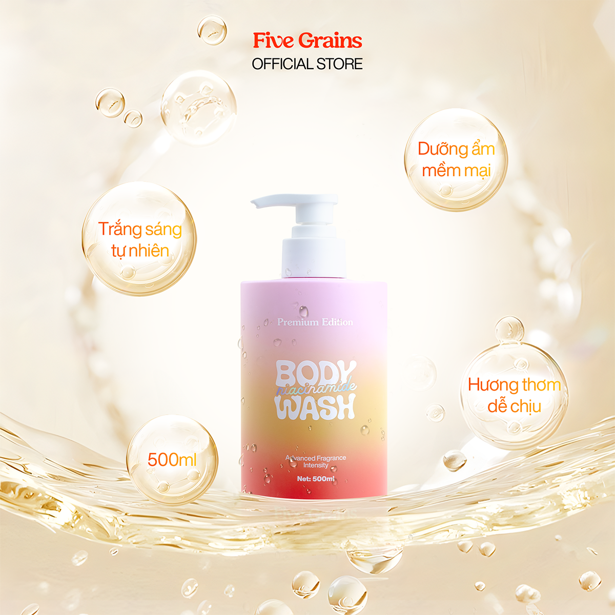 Sữa tắm Cao cấp Five Grains giúp dưỡng trắng da Niacinamide lưu hương nước hoa 500ML phiên bản nâng cấp