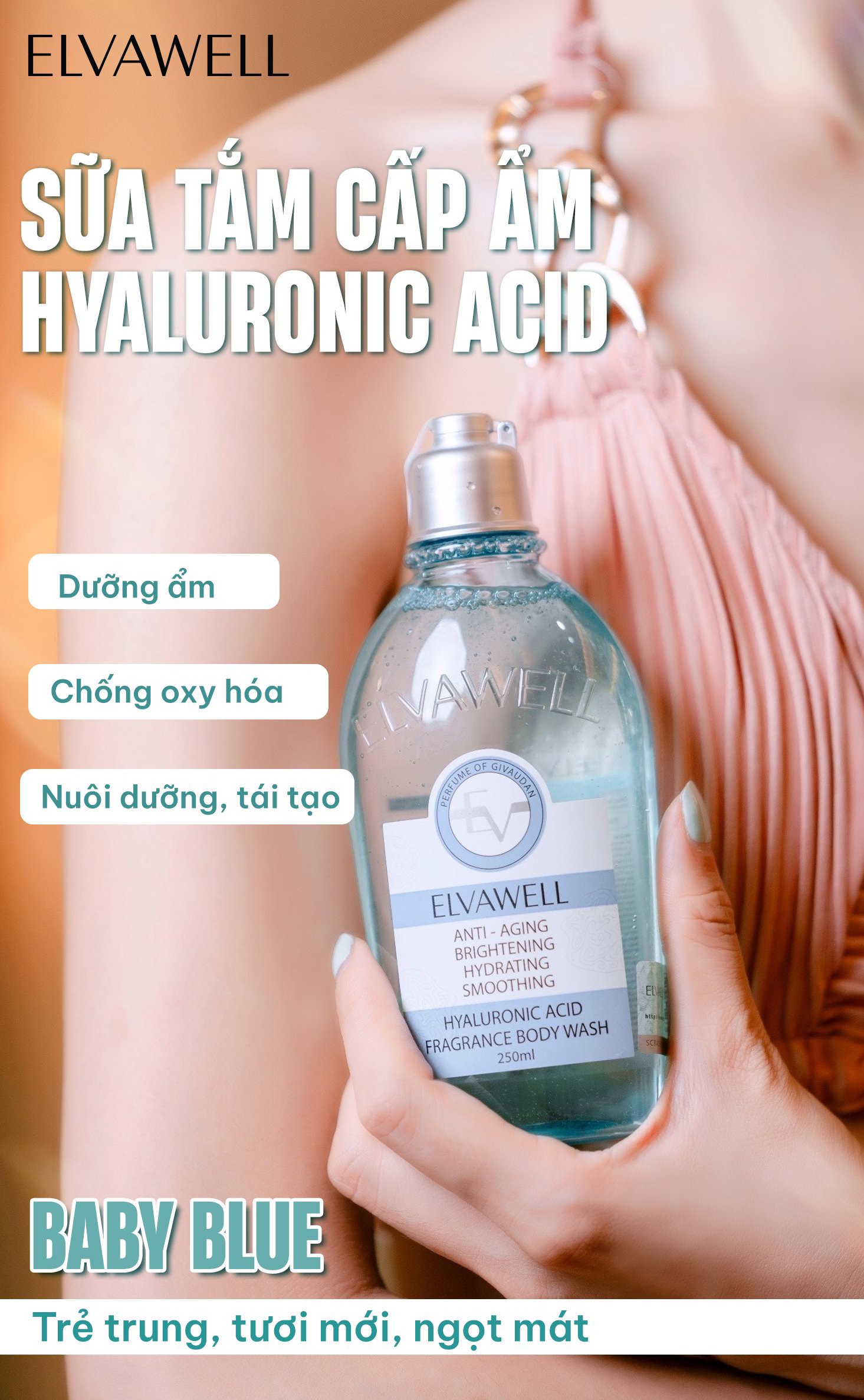 Sữa tắm nước hoa Hyaluronic Acid Baby Blue Elvawell 250ml