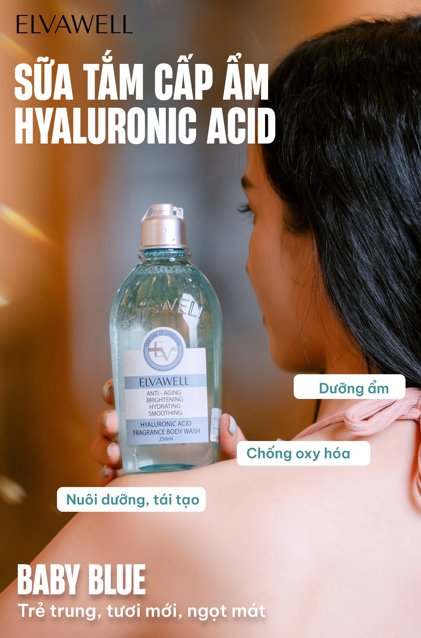 Sữa tắm nước hoa Hyaluronic Acid Baby Blue Elvawell 250ml
