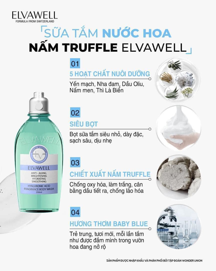Sữa tắm nước hoa Hyaluronic Acid Baby Blue Elvawell 250ml
