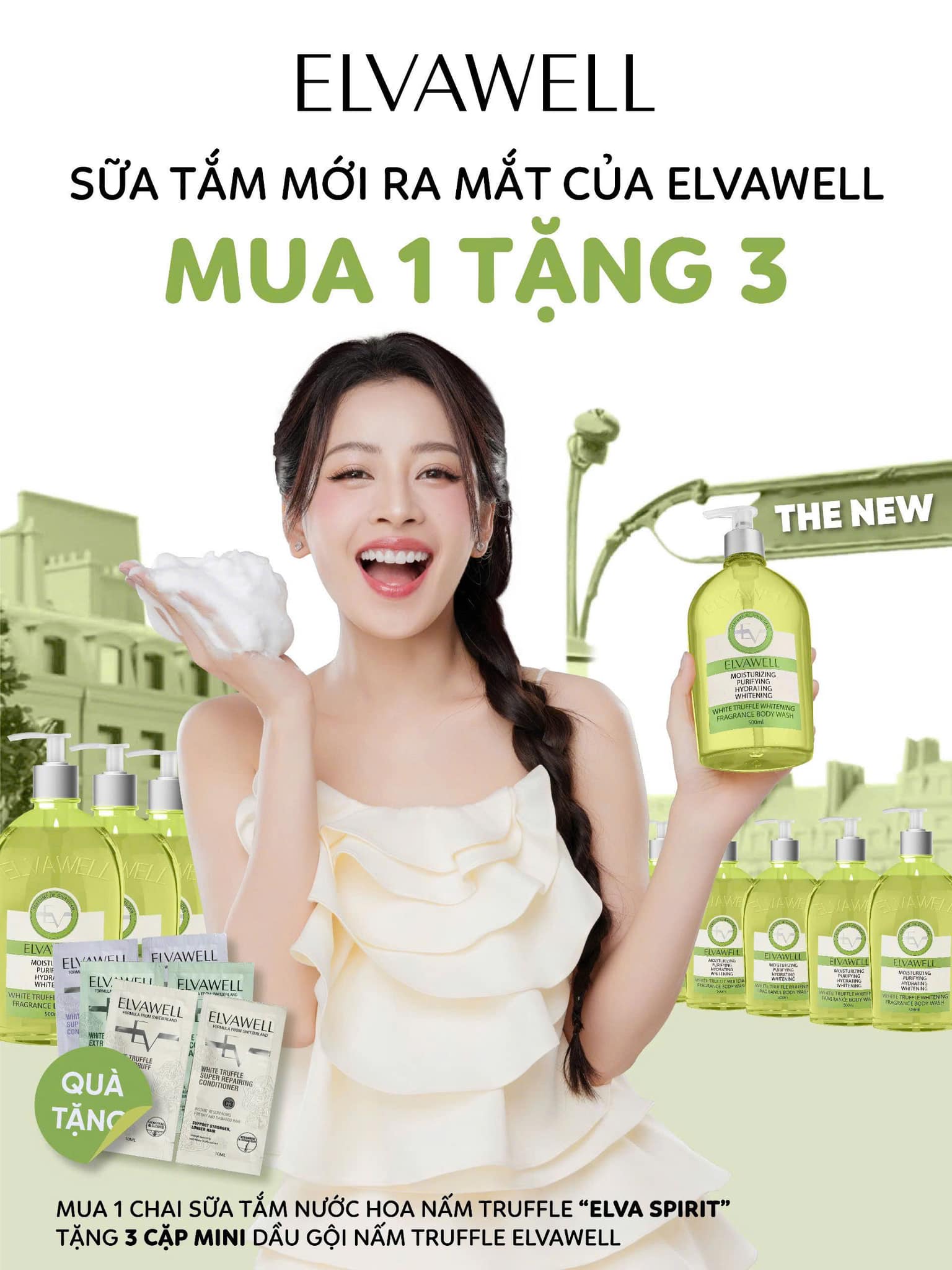 Sữa tắm nước hoa White Truffe Whitening Elvawell 500ml (màu xanh)