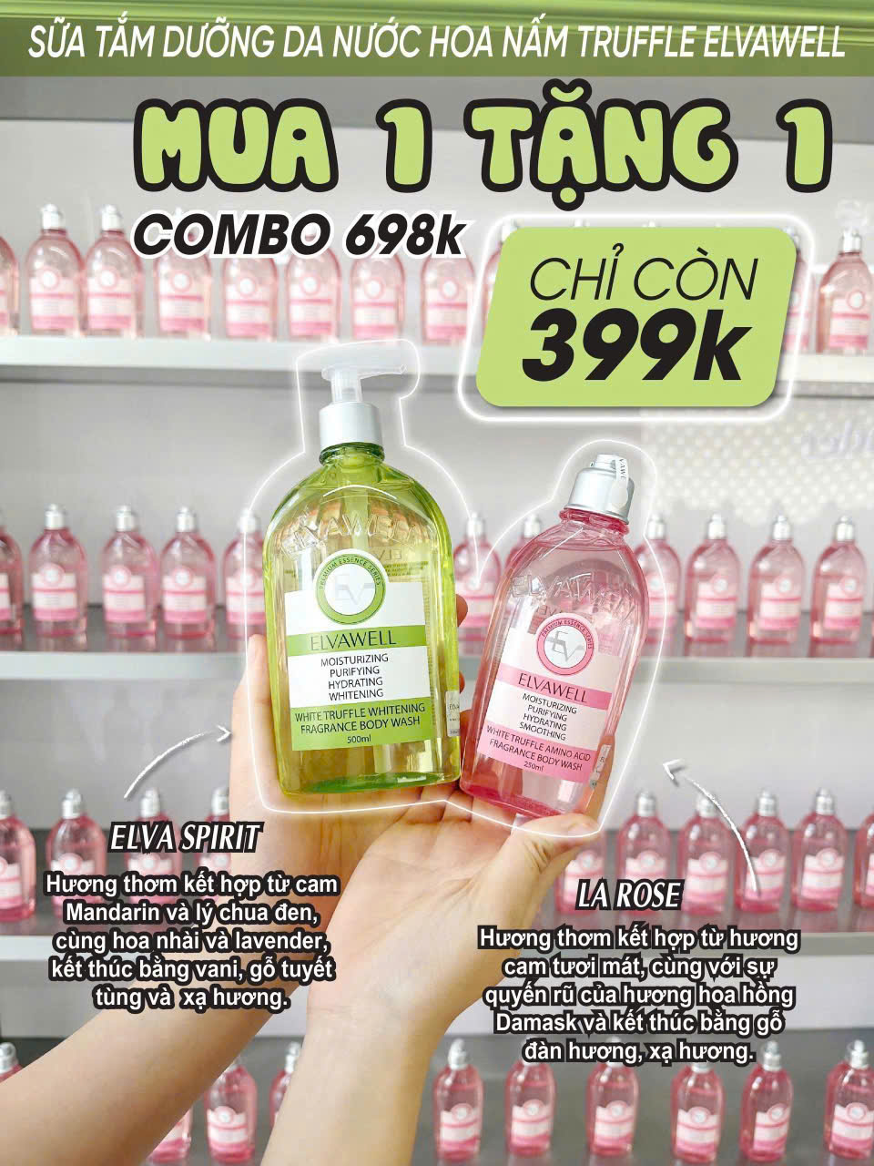 Sữa tắm nước hoa White Truffe Whitening Elvawell 500ml (màu xanh)