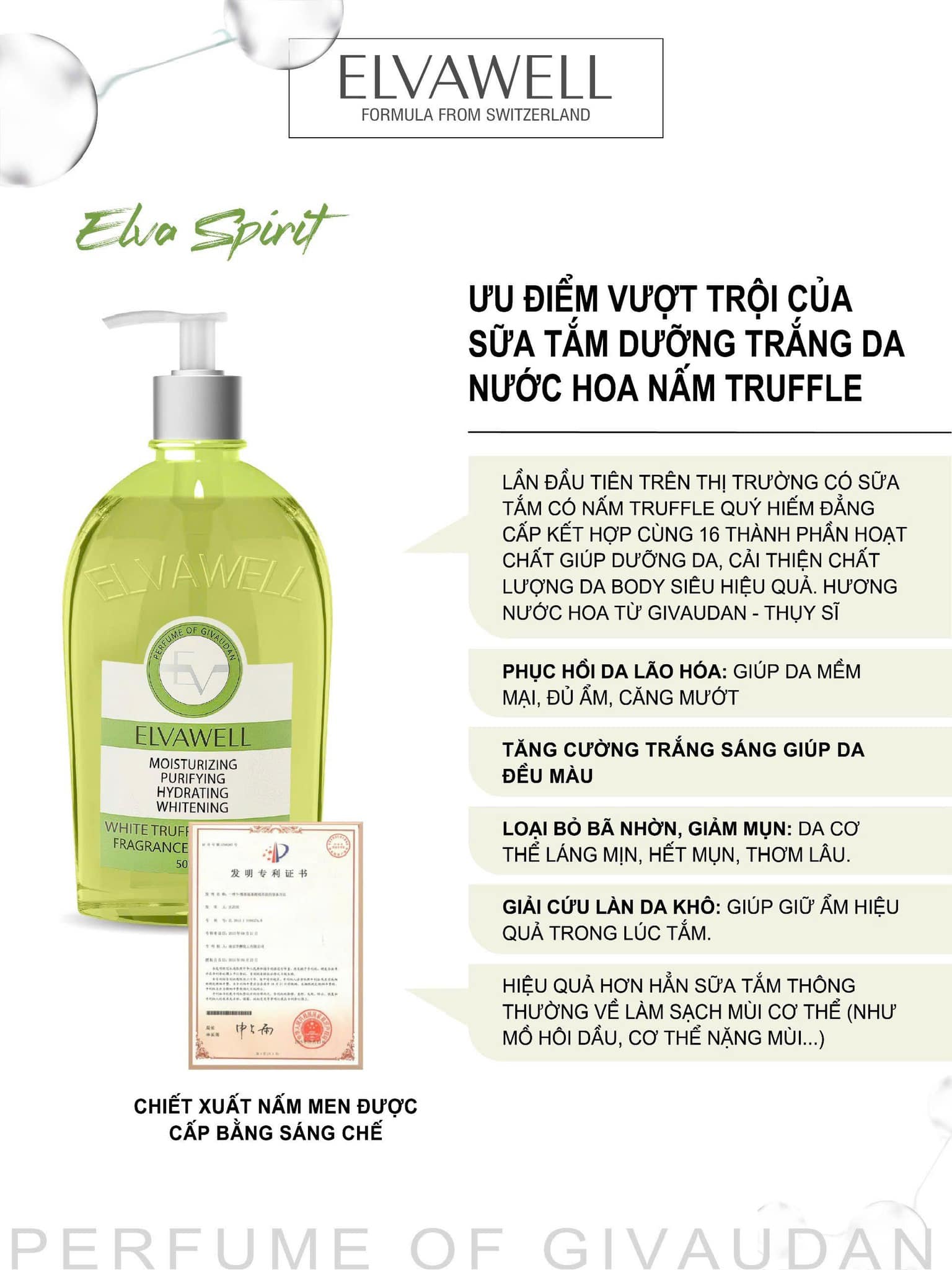 Sữa tắm nước hoa White Truffe Whitening Elvawell 500ml (màu xanh)