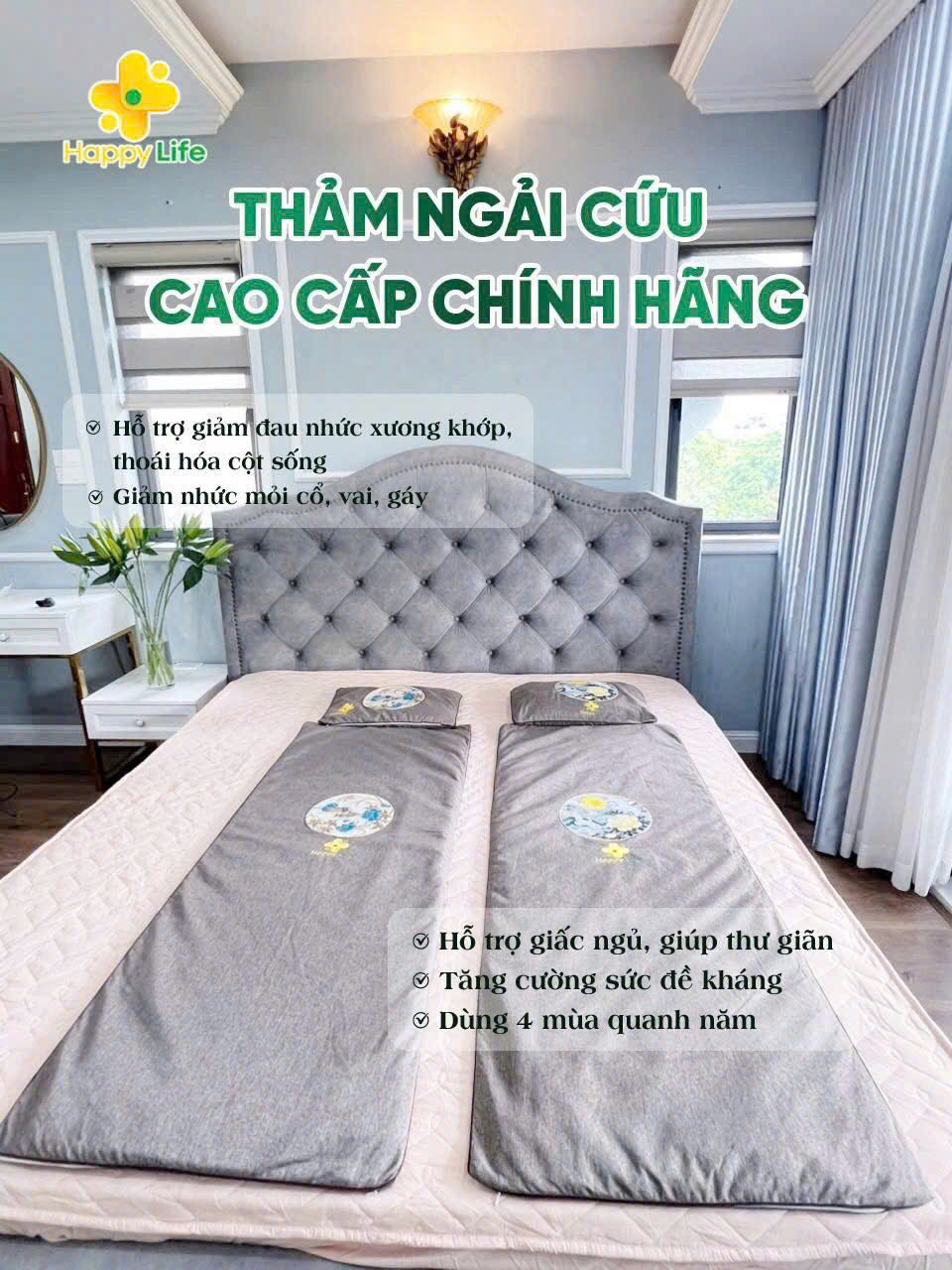 Thảm ngải cứu đông y Happy Life hỗ trợ giảm đau xương khớp 150cm*60cm bảo hành 6 tháng