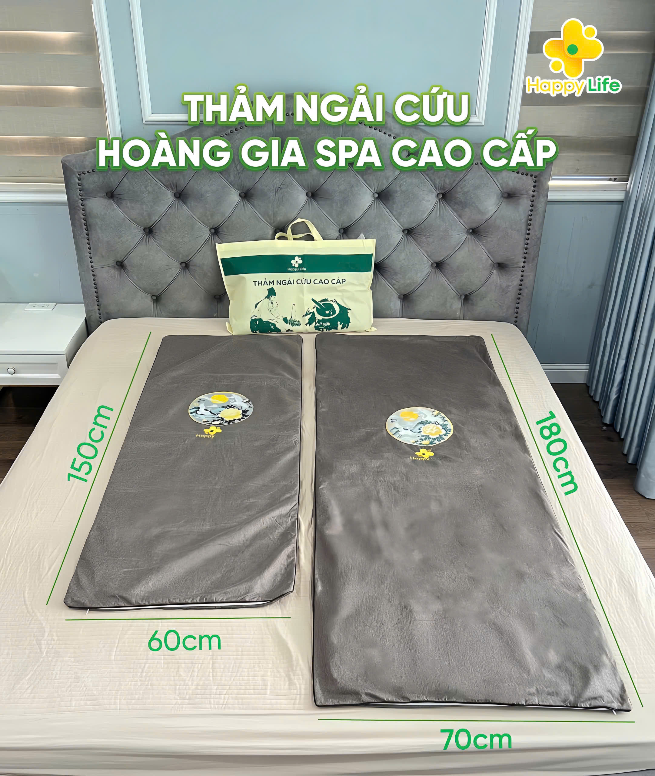 Thảm ngải cứu đông y Happy Life hỗ trợ giảm đau xương khớp 180cm*60cm bảo hành 6 tháng